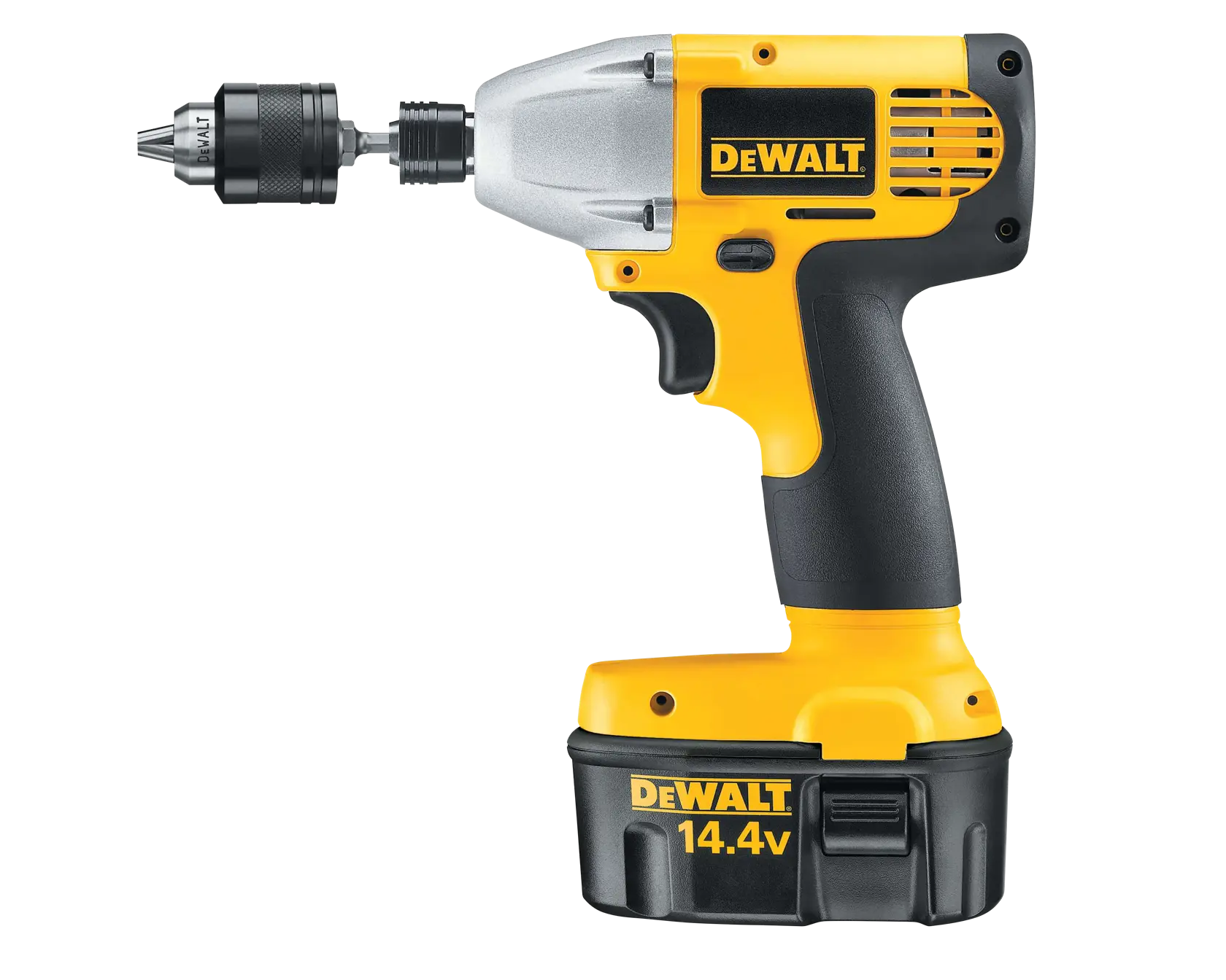A DEWALT 14.4v cordless power drill with a black and yellow design.