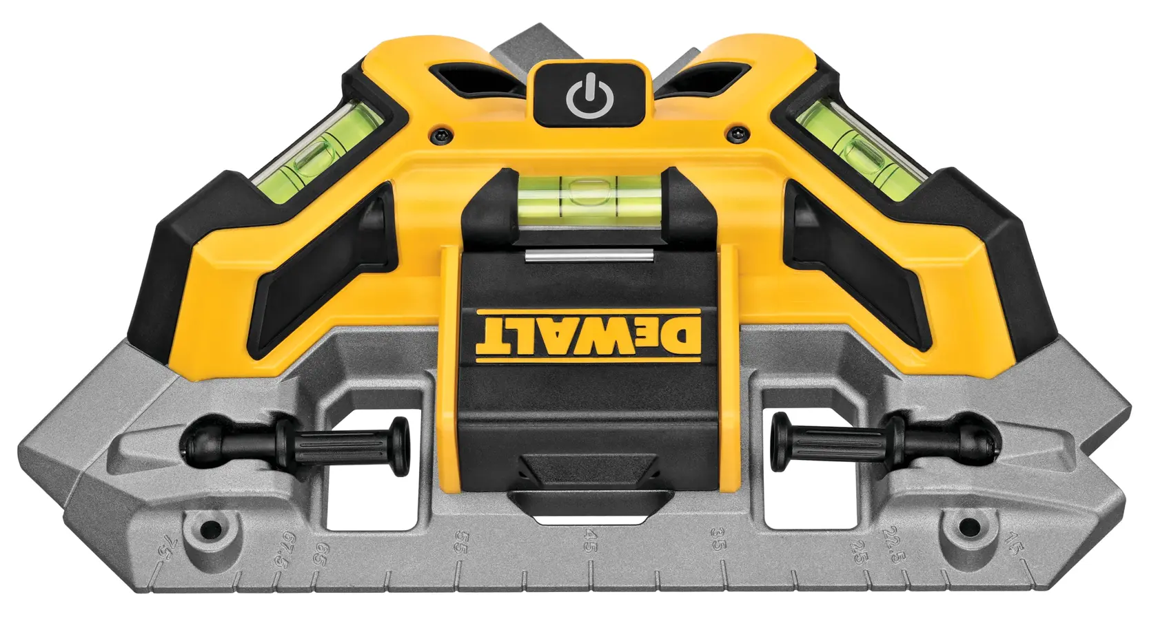 DEWALT DW0802 digital laser level featuring a yellow and black design with integrated bubble vials and measurement markings, used for precise leveling and alignment in construction and photography.