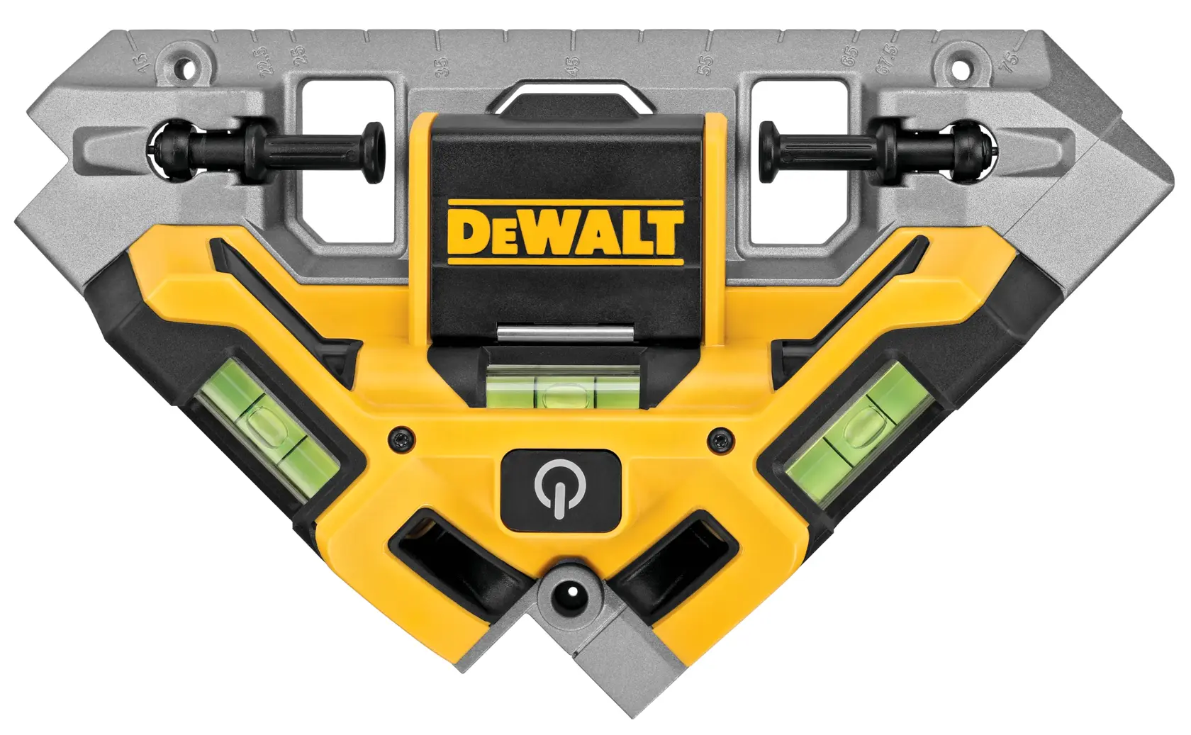 The image shows a DEWALT DW0802 laser level tool with a yellow and black design, featuring multiple bubble vials and a central power button.
