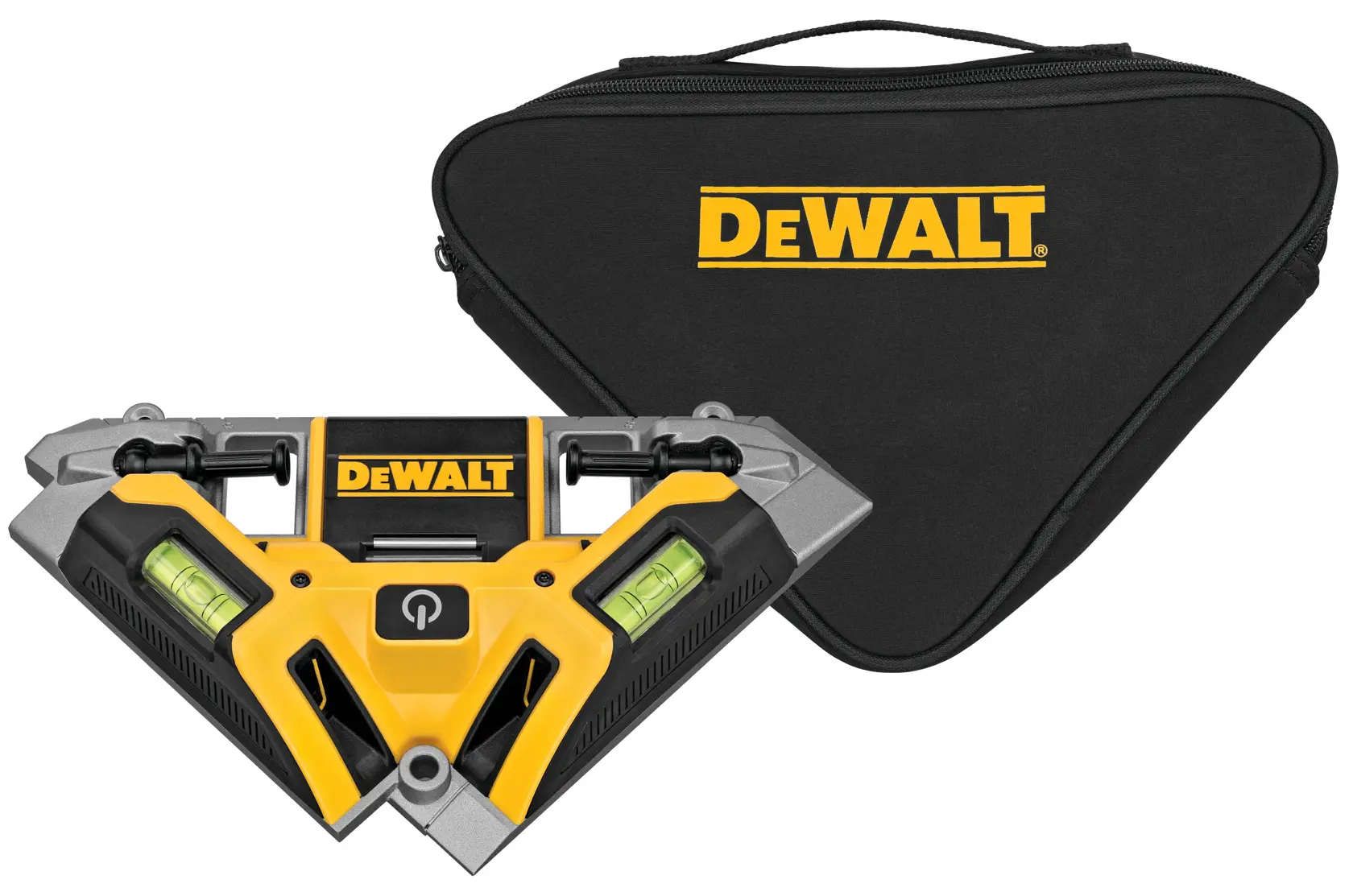 A DEWALT digital angle gauge and level tool with a triangular carrying case, both featuring the DEWALT logo.