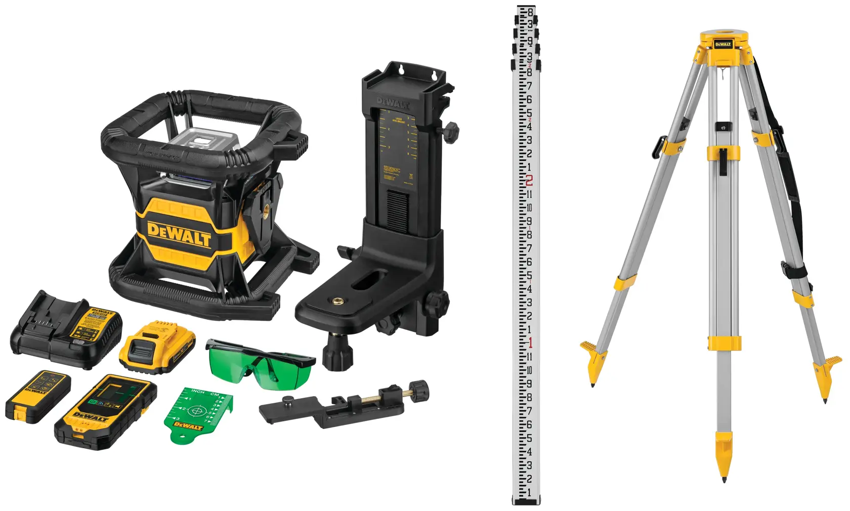 A DEWALT laser level kit including a laser level device, accessories such as a battery, charger, green glasses, mounting brackets, a measuring rod, receiver, and a tripod. All components are arranged against a white background.