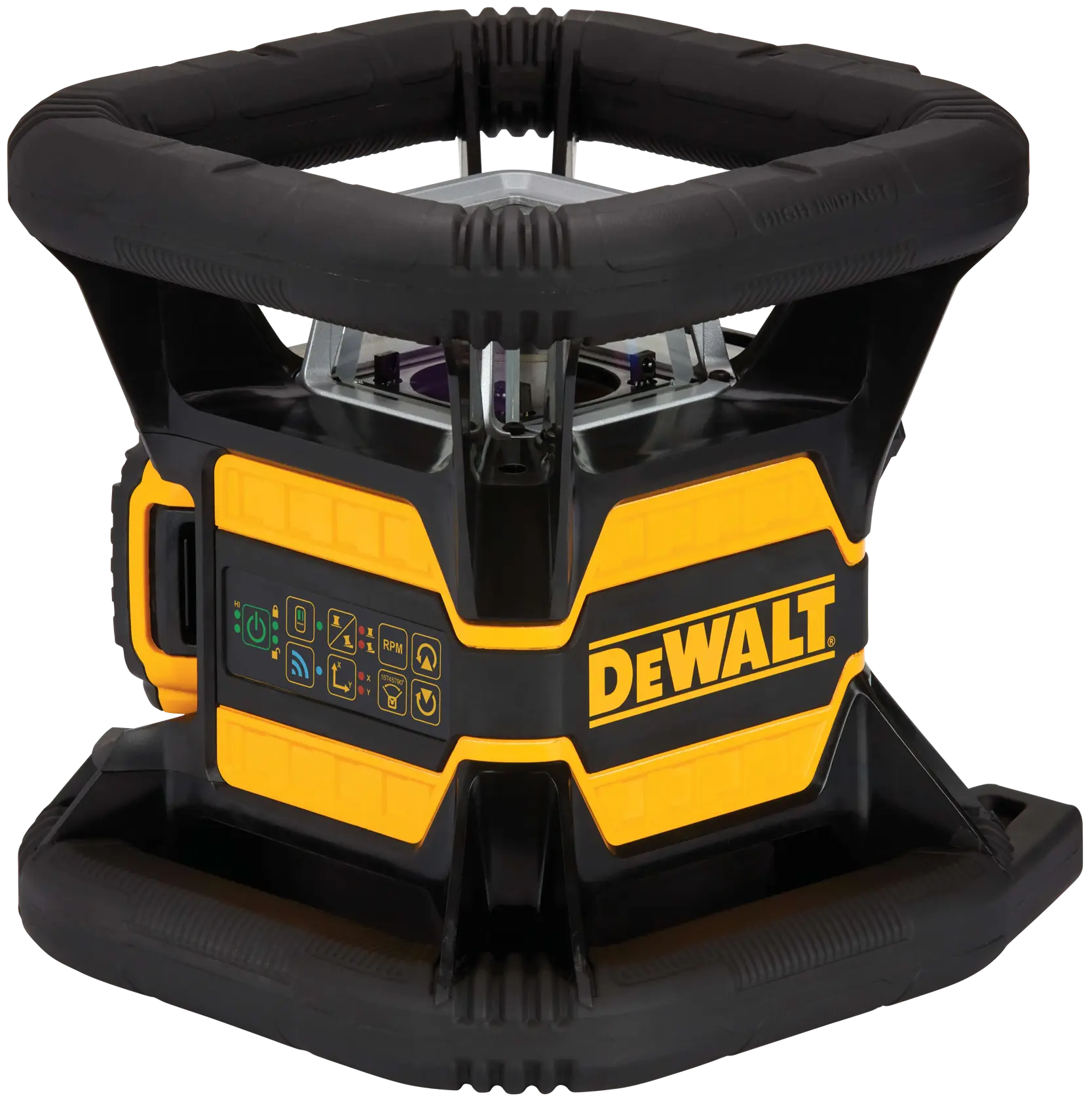 A DEWALT DW080LGS rotary laser level device with a rugged protective black and yellow exterior, featuring control buttons and a digital display on the side.