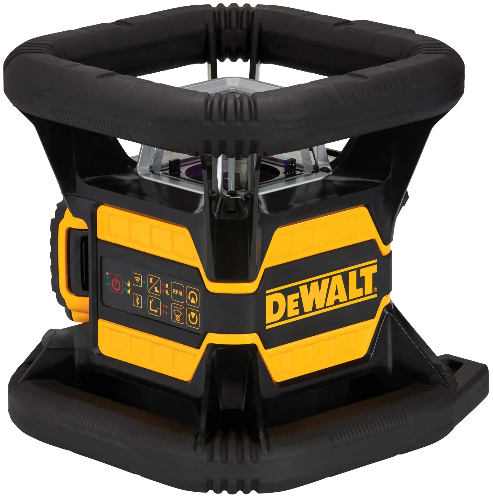 A DEWALT branded rotary laser level featuring a rugged black and yellow design with protective rubberized casing and control panel on the side.