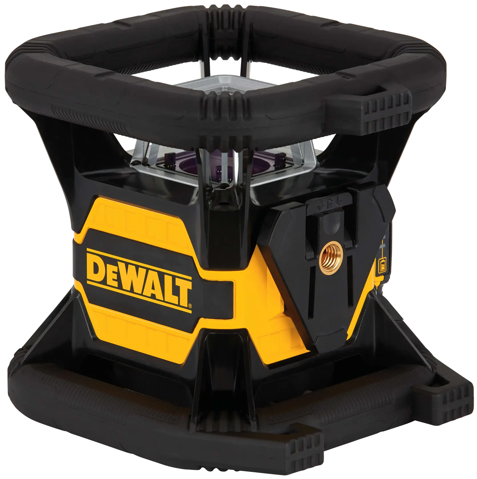 A DEWALT DW080LRS rotary laser level device with a rugged yellow and black casing, designed for construction and alignment tasks.