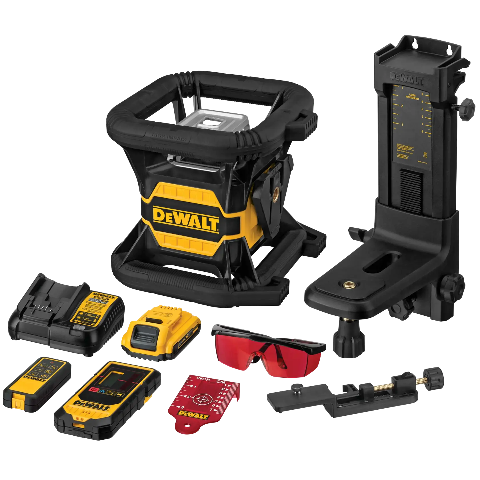DEWALT laser level kit with multiple accessories, including the main cubic laser unit in yellow and black, wall mount, battery charger, rechargeable battery, laser detector, remote control, red laser target card, red tinted safety glasses, and mounting bracket.