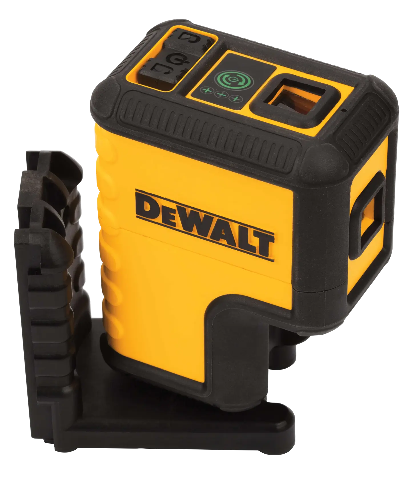 A DEWALT yellow and black self-leveling green cross line laser tool with control buttons on the top and a mounting bracket attached at the base.