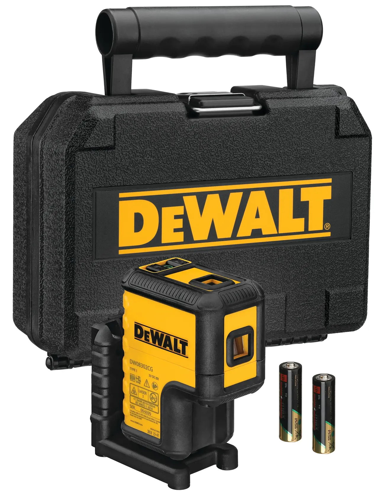 A DEWALT-branded yellow and black laser level device with a black carrying case and two AA batteries displayed next to it.