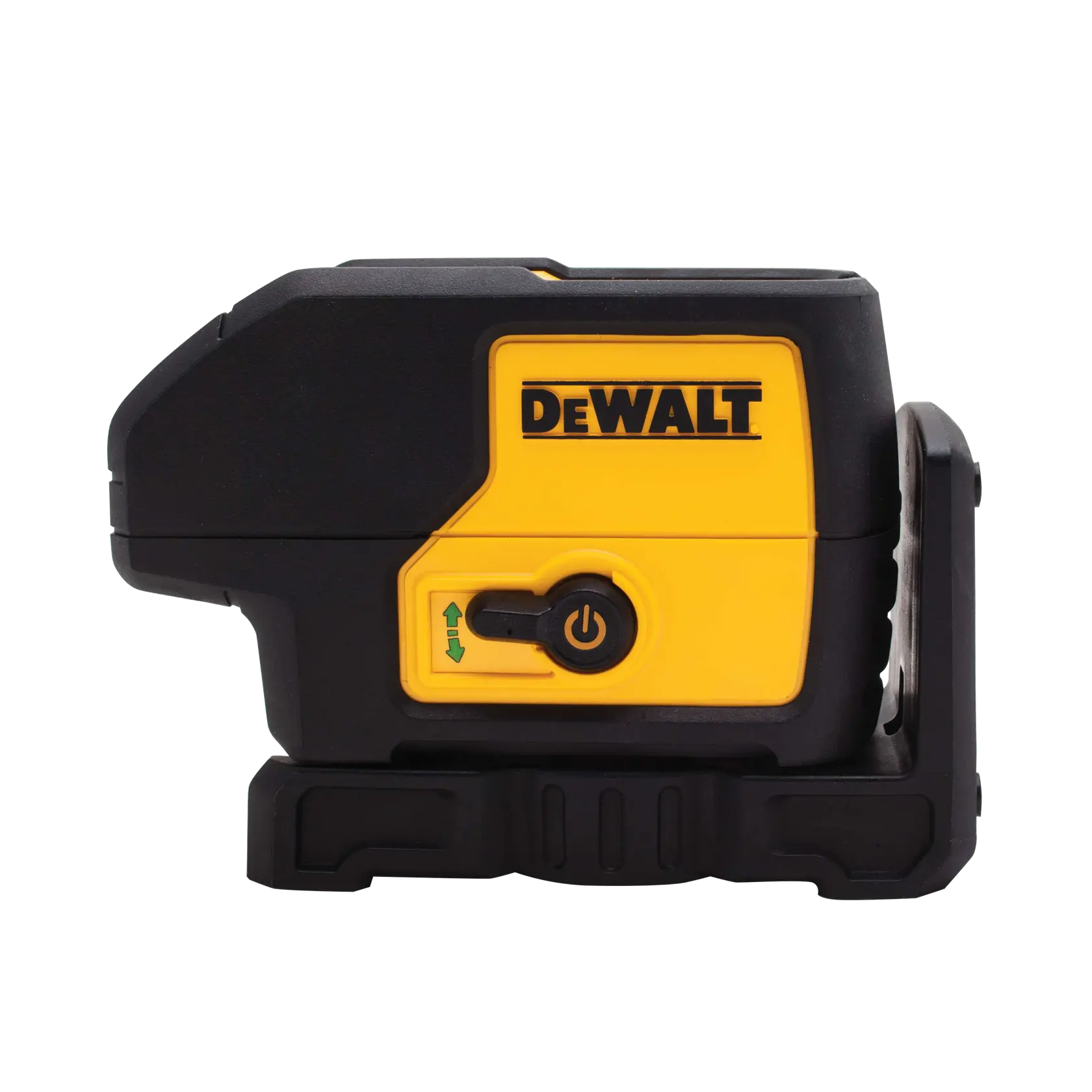 A DEWALT branded laser level device, primarily black and yellow, with a power button and adjustment switch visible on the side.