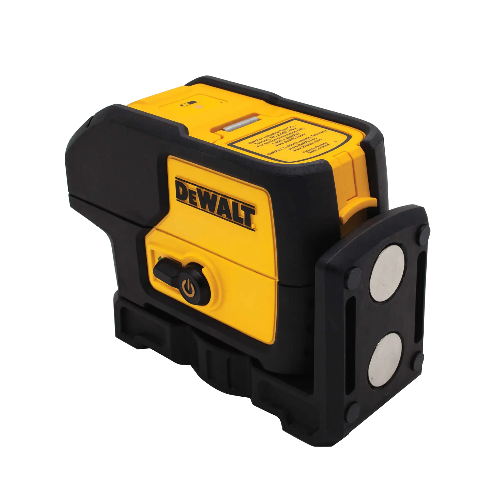 A close-up image of a DEWALT DW083CG green beam laser level tool featuring a compact and durable yellow and black design, with a visible power button and mounting magnets.