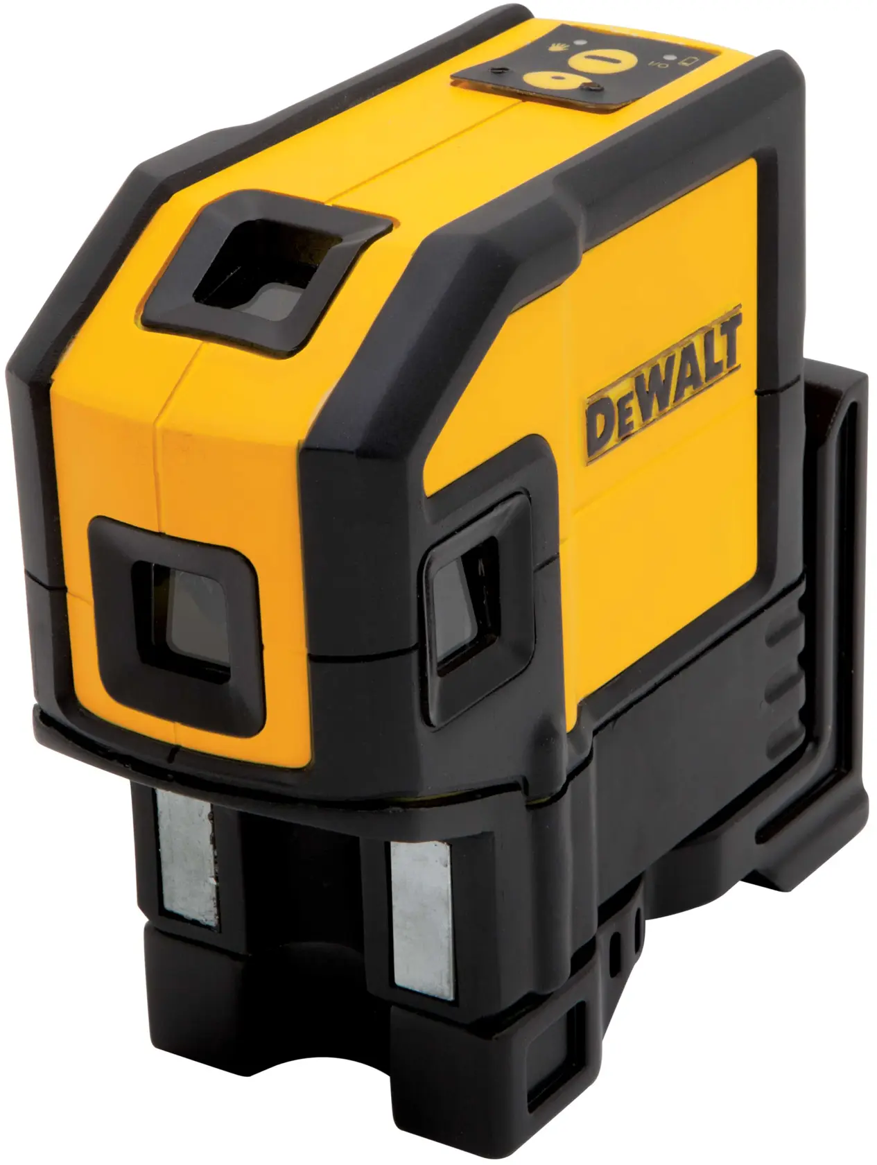 A yellow and black DEWALT laser level tool with control buttons on top and the DEWALT logo on the side. The tool is rectangular with a rugged design.