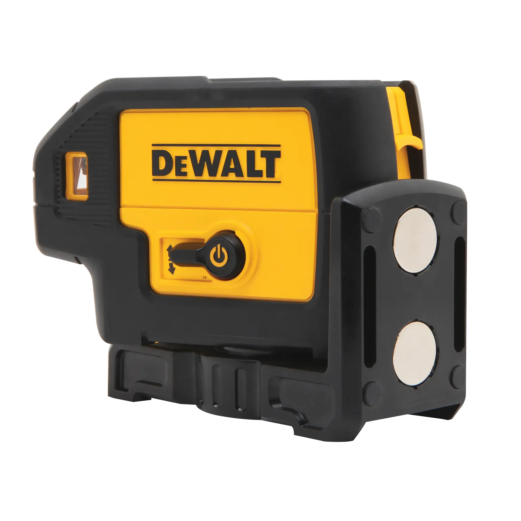 A DEWALT branded yellow and black laser level device, showing its control switch and magnetic mounting base.