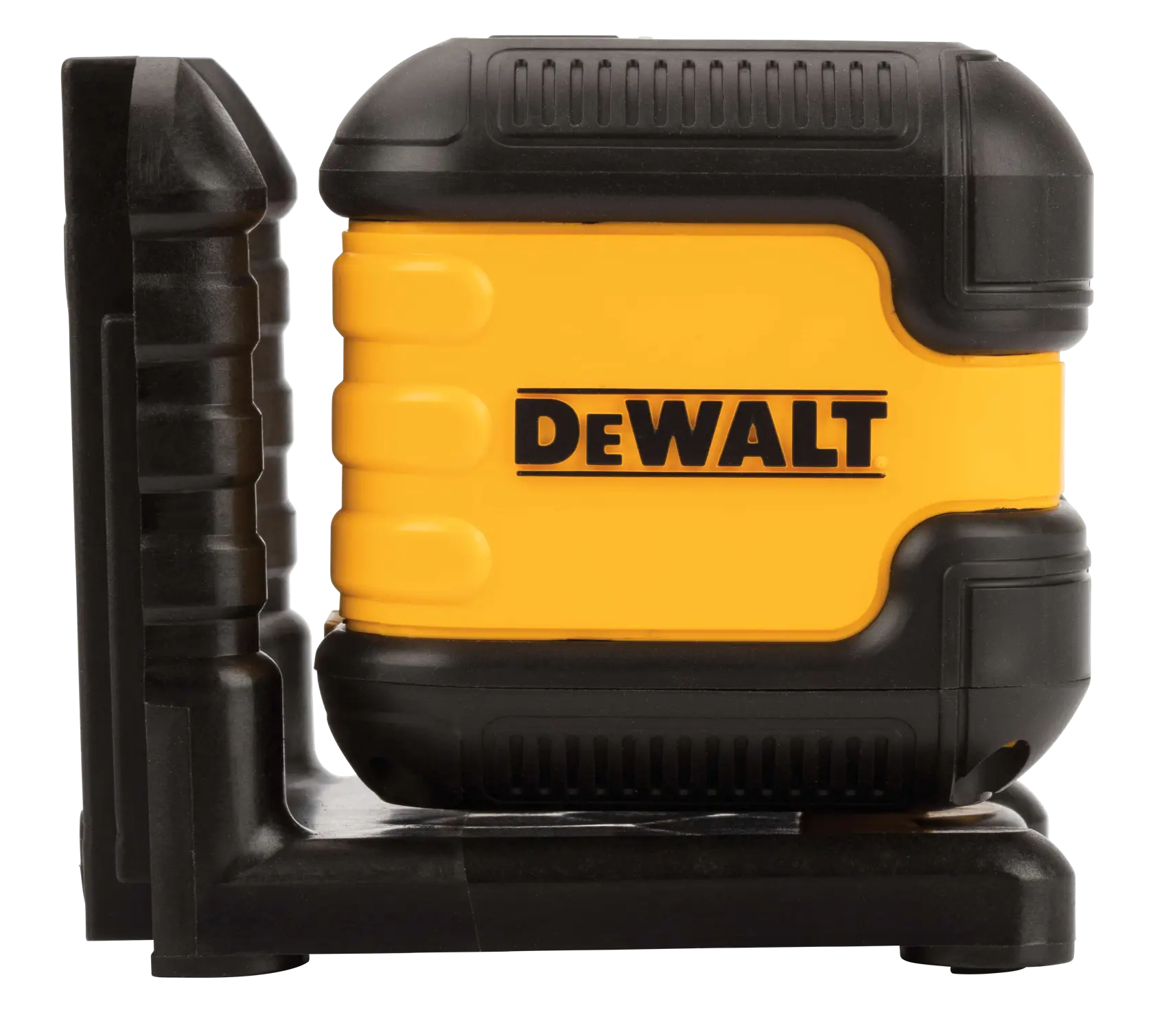 A yellow and black DEWALT laser level tool, shown in a side view with the DEWALT logo visible on the front. The tool is mounted on a black base, designed for use in construction or photography alignment.