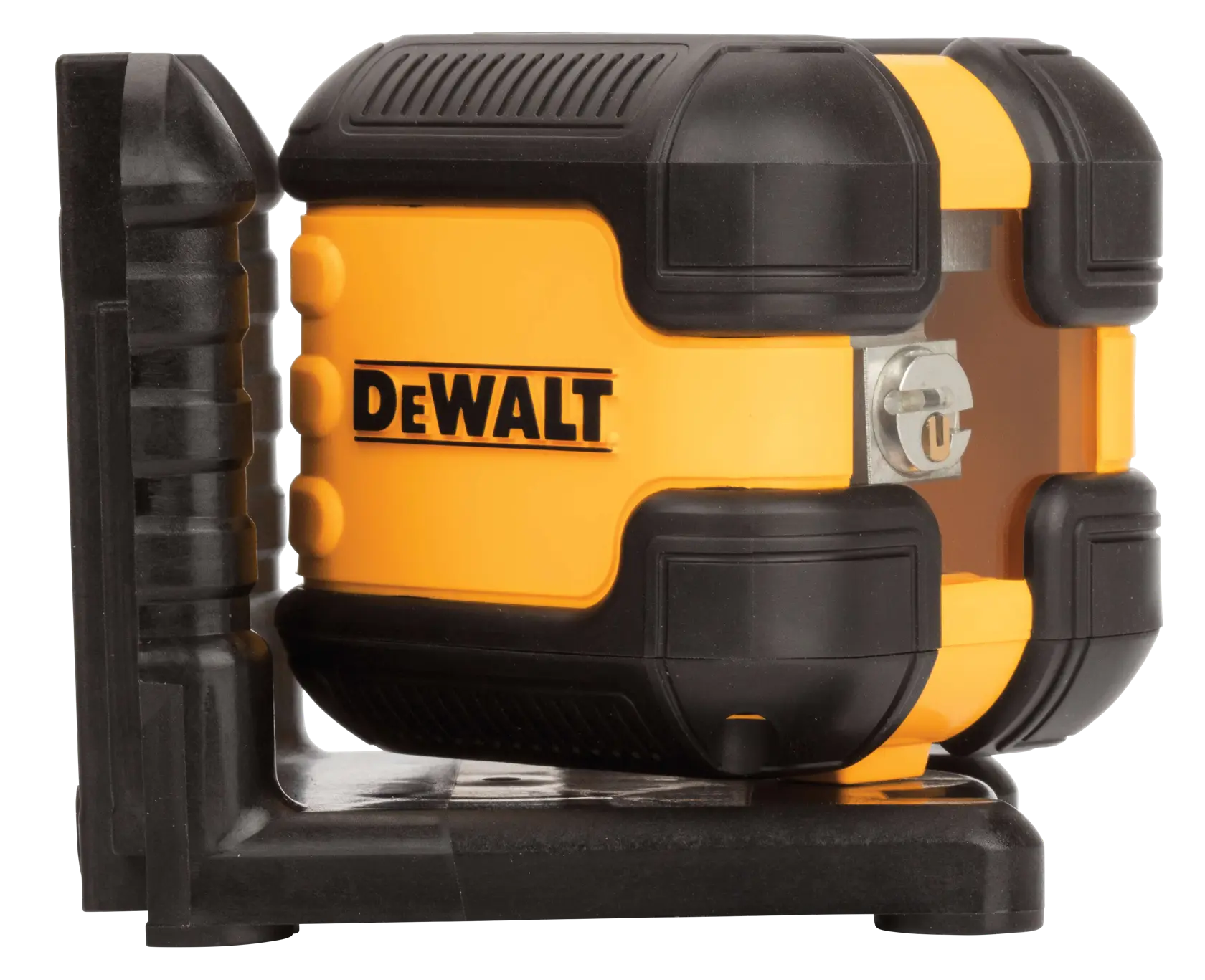 A DEWALT DW08802CG cross line laser level in yellow and black, mounted on a black base.