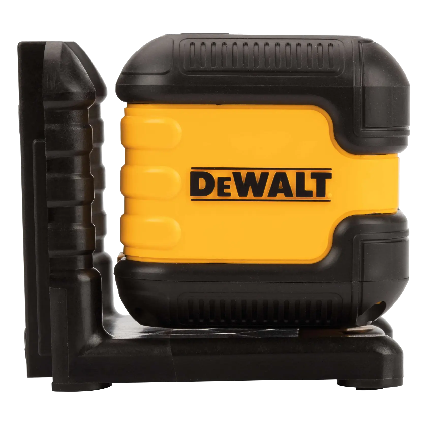 A DEWALT DW08802 yellow and black laser level device shown from the side, with a rugged casing and mounted on a black base.