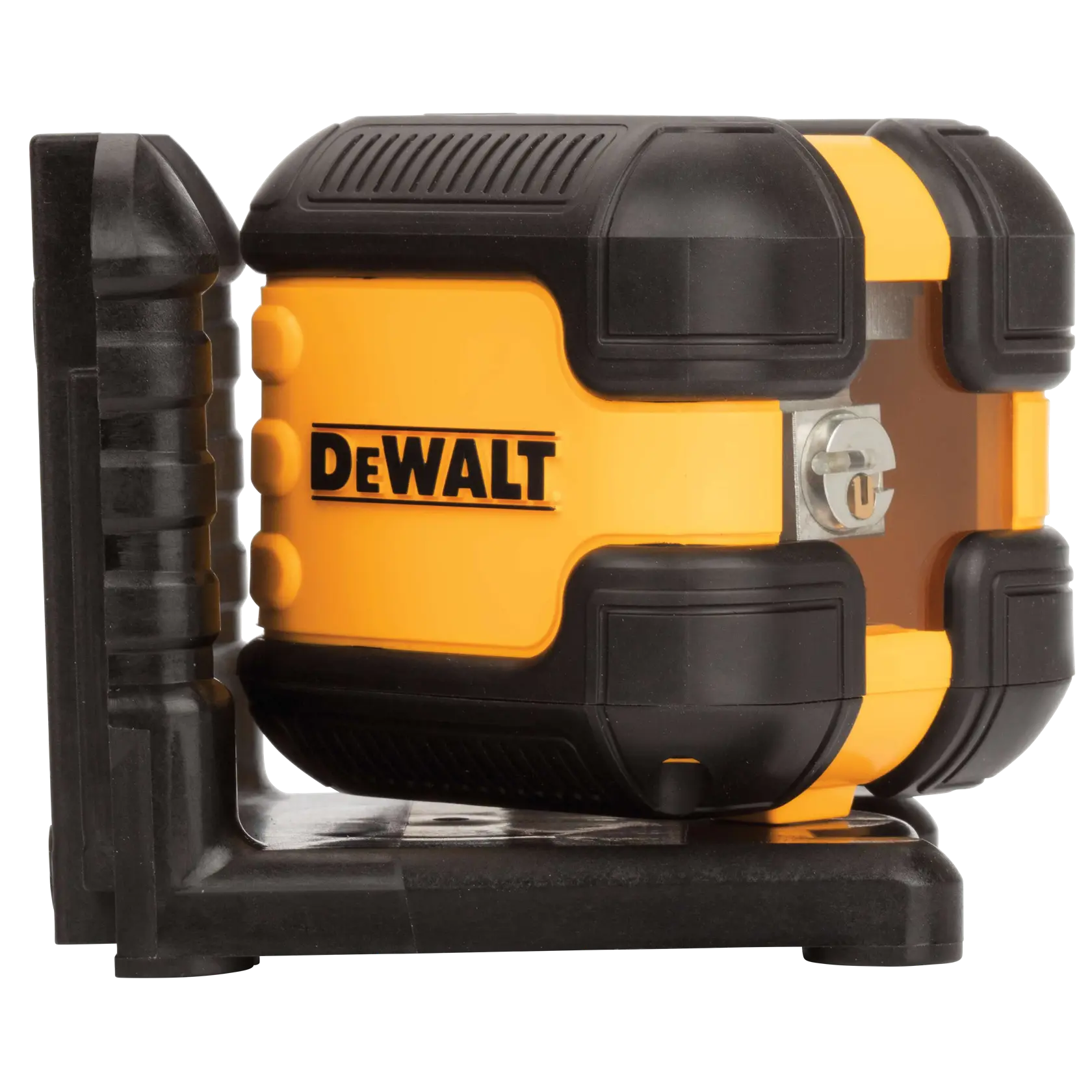 A DEWALT-branded yellow and black self-leveling cross line laser tool on a black base, used for precise alignment in construction and photography.