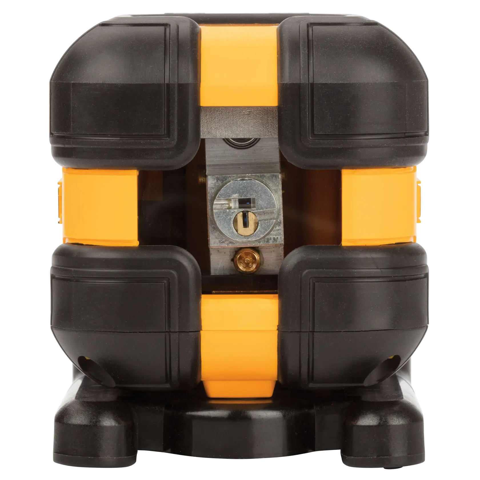Front view of a DEWALT DW08802 photography tool with sturdy black and yellow housing and a central mounting area.