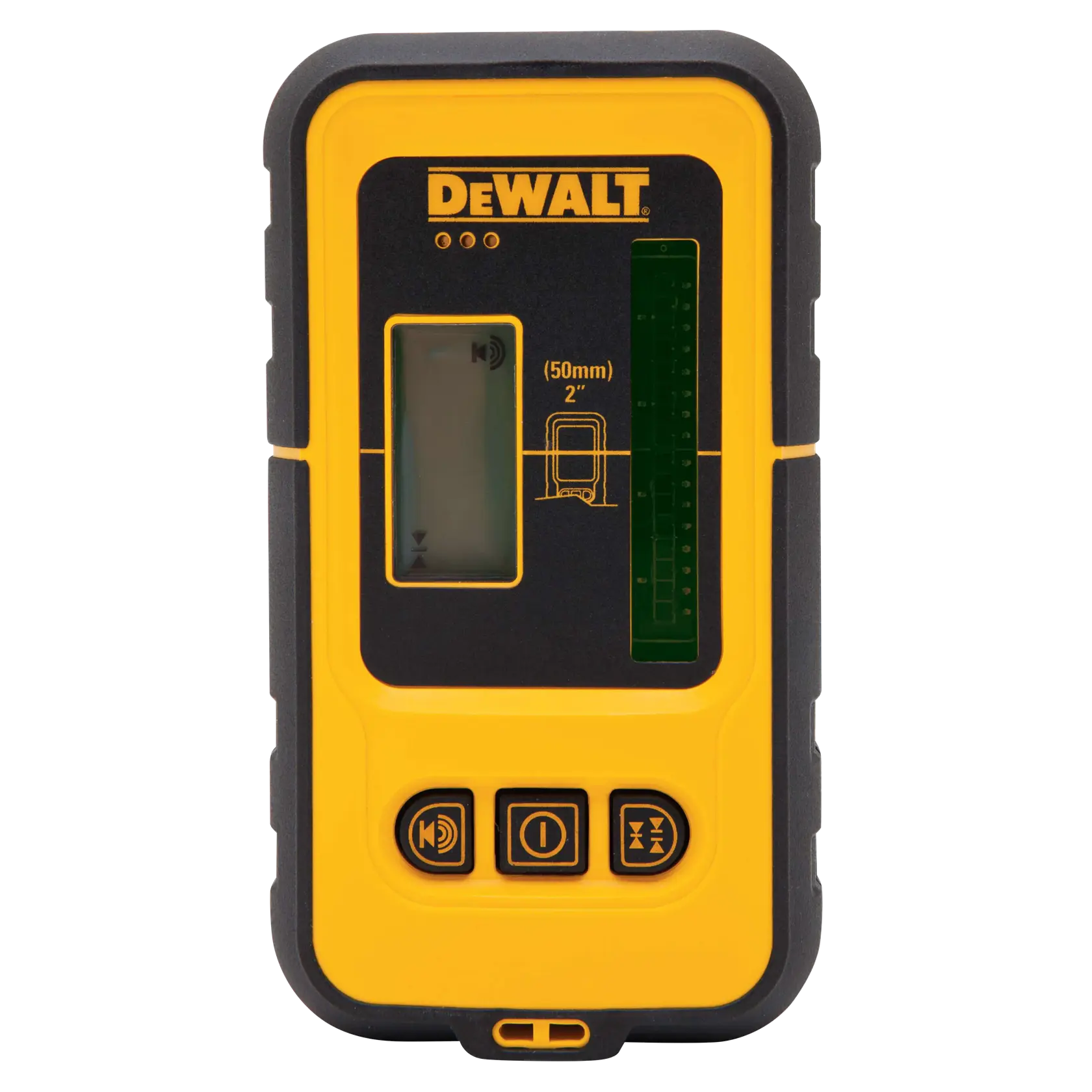 Front view of a DEWALT DW0892G yellow and black laser detector with digital display and control buttons.
