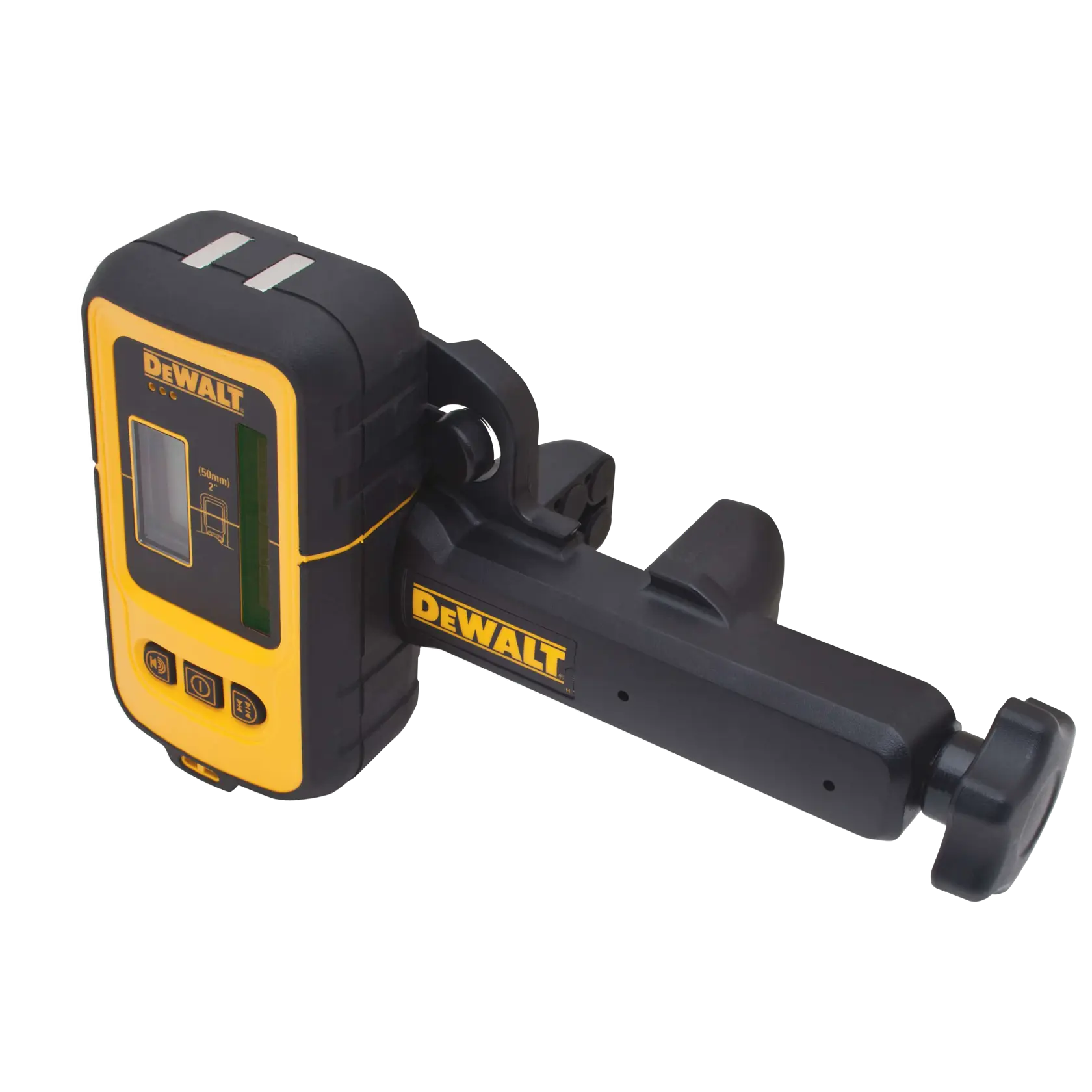 A DEWALT-branded green laser line detector with clamp attachment, designed for use with construction and photography-related leveling tools.