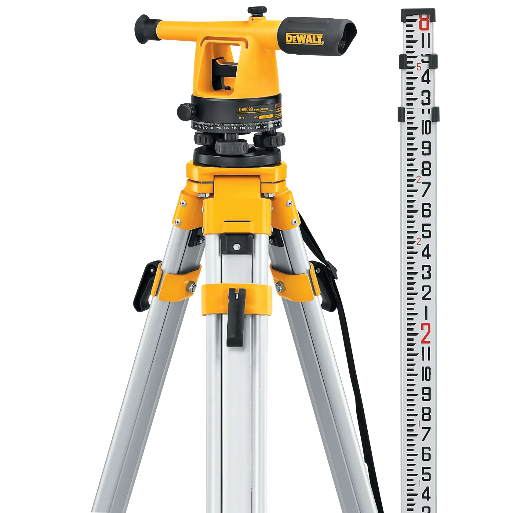A Dewalt optical level survey kit with a yellow and black optical level mounted on an aluminum tripod, next to a metric leveling staff.