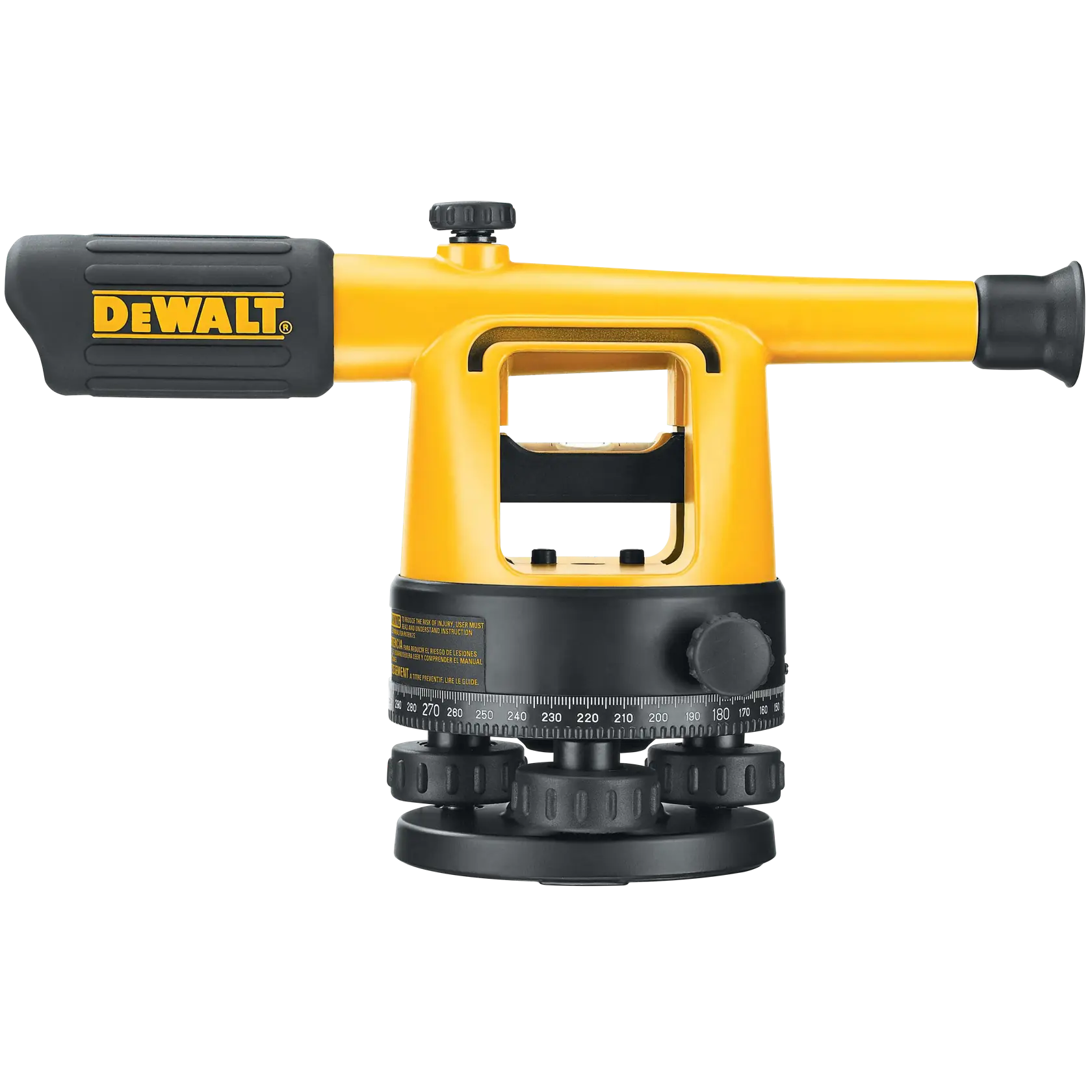 A DEWALT branded automatic level instrument, yellow and black in color, used for surveying and leveling applications. The device features adjustment knobs and a measurement scale on the base.