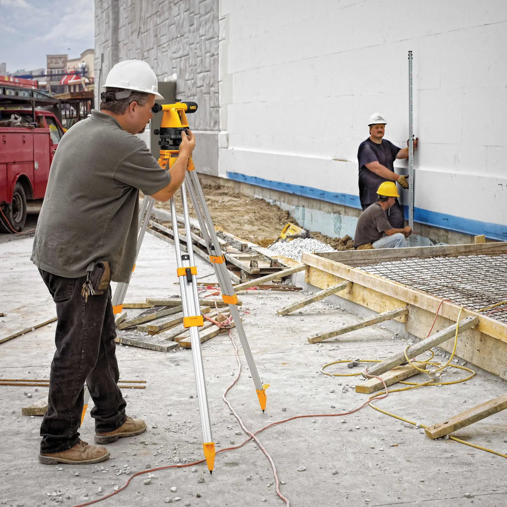 A construction worker uses a yellow DEWALT tripod-mounted level tool to measure at a construction site. Two other workers in hard hats measure the height along a wall using a measuring rod. The area is under construction with exposed rebar, wood forms, and concrete.