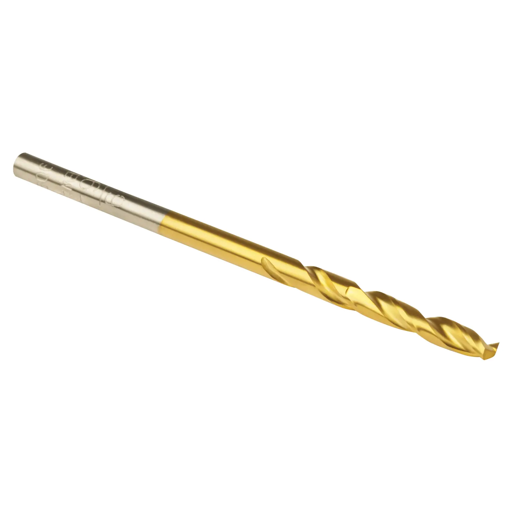 A gold and silver metal drill bit with a spiral design, shown against a white background.