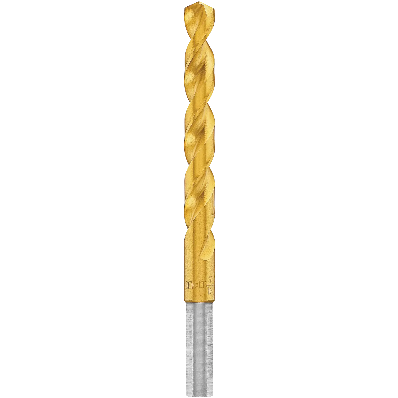 A DEWALT gold-colored twist drill bit with a silver shank, shown against a white background.