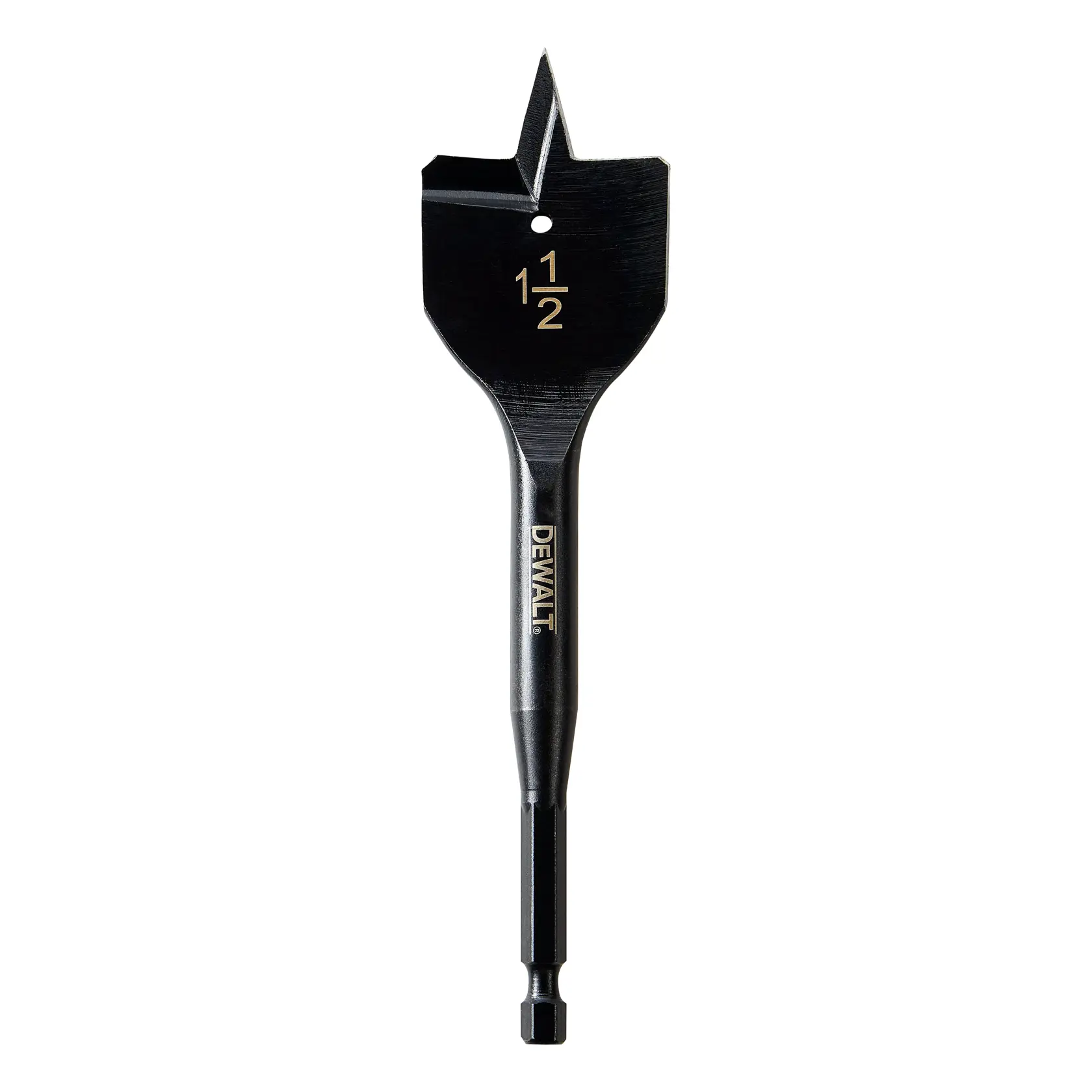 A DEWALT branded black flat wood drill bit with a 1-1/2 inch size, featuring a hex shank and pointed tip, standing against a white background.