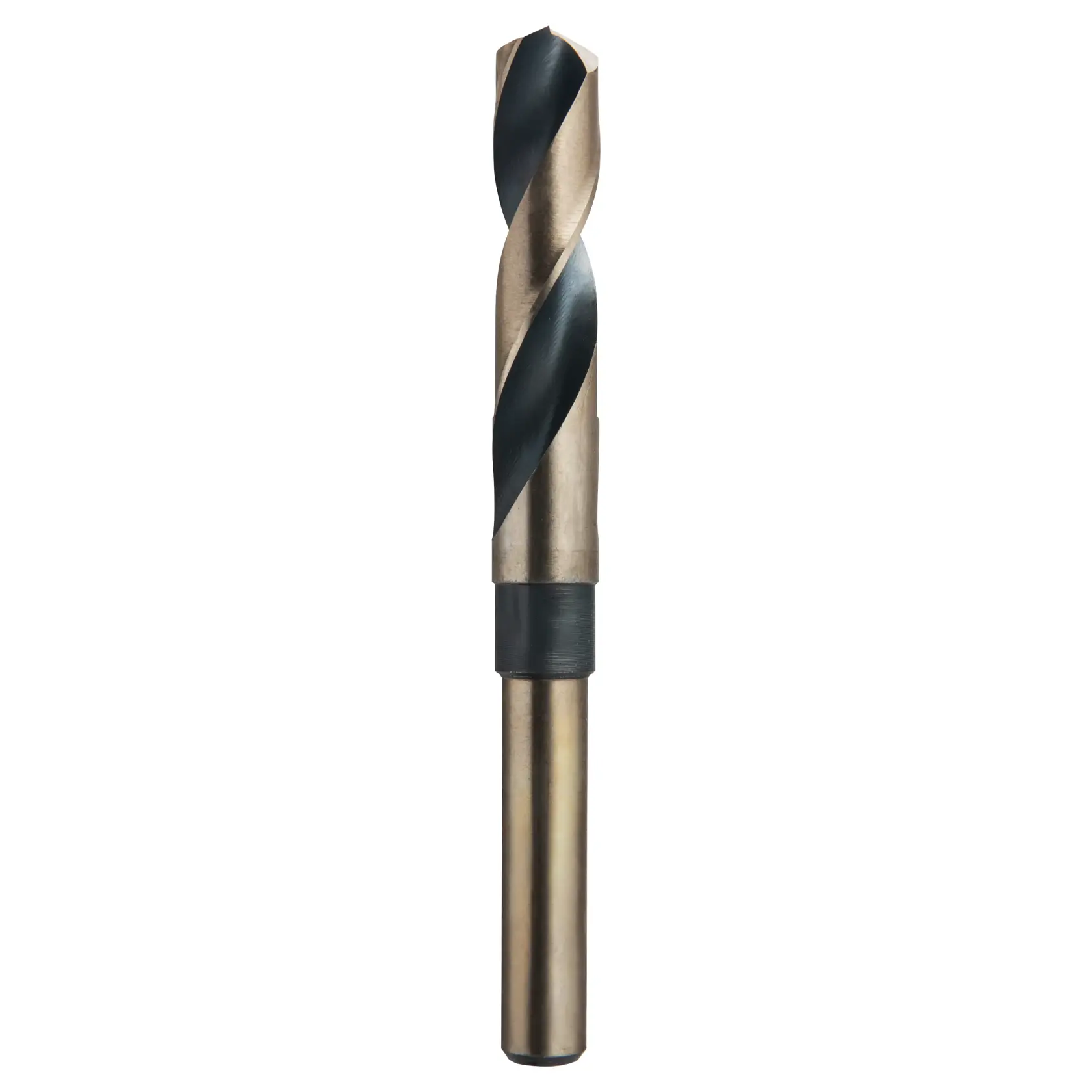 A close-up image of a metal twist drill bit with a gold and black finish, designed for use with power drills, isolated on a white background.