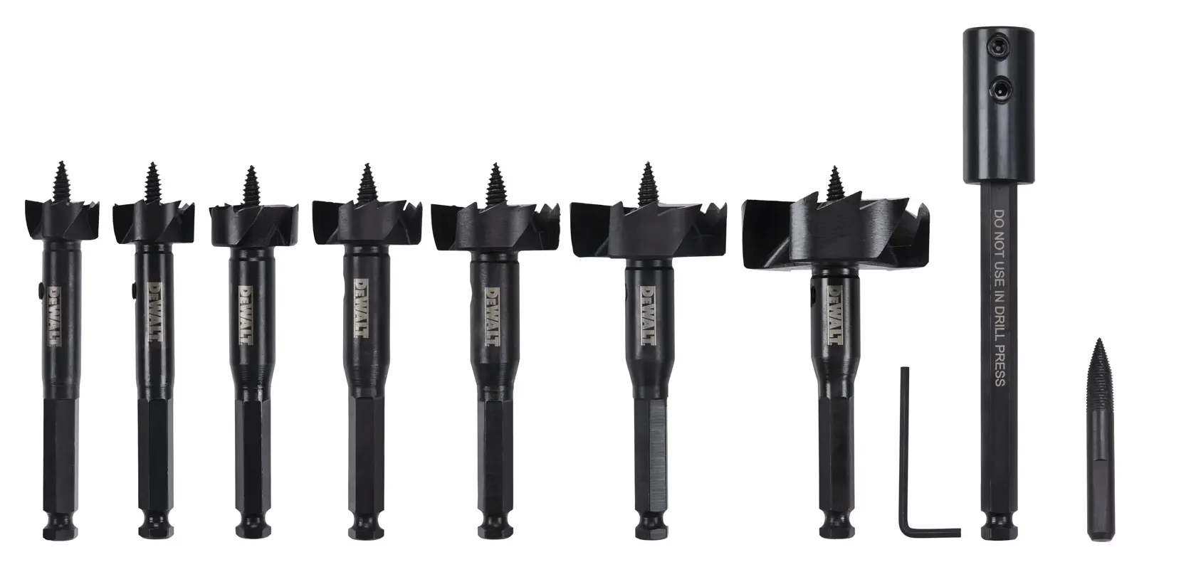 Profile of 8 piece assorted wood boring self feed drill bit set.