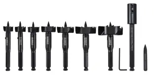 Profile of 8 piece assorted wood boring self feed drill bit set.