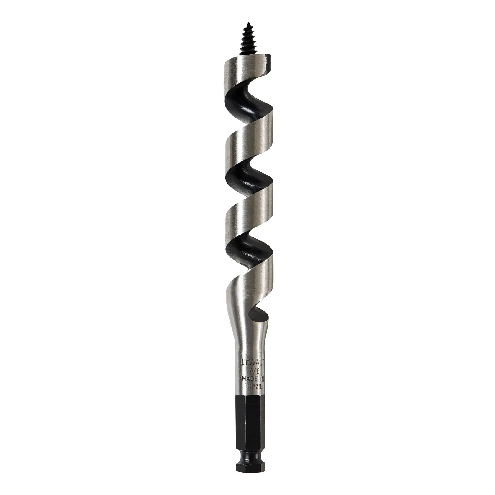 A DeWalt auger drill bit with a spiral design and hex shank, designed for drilling into wood.