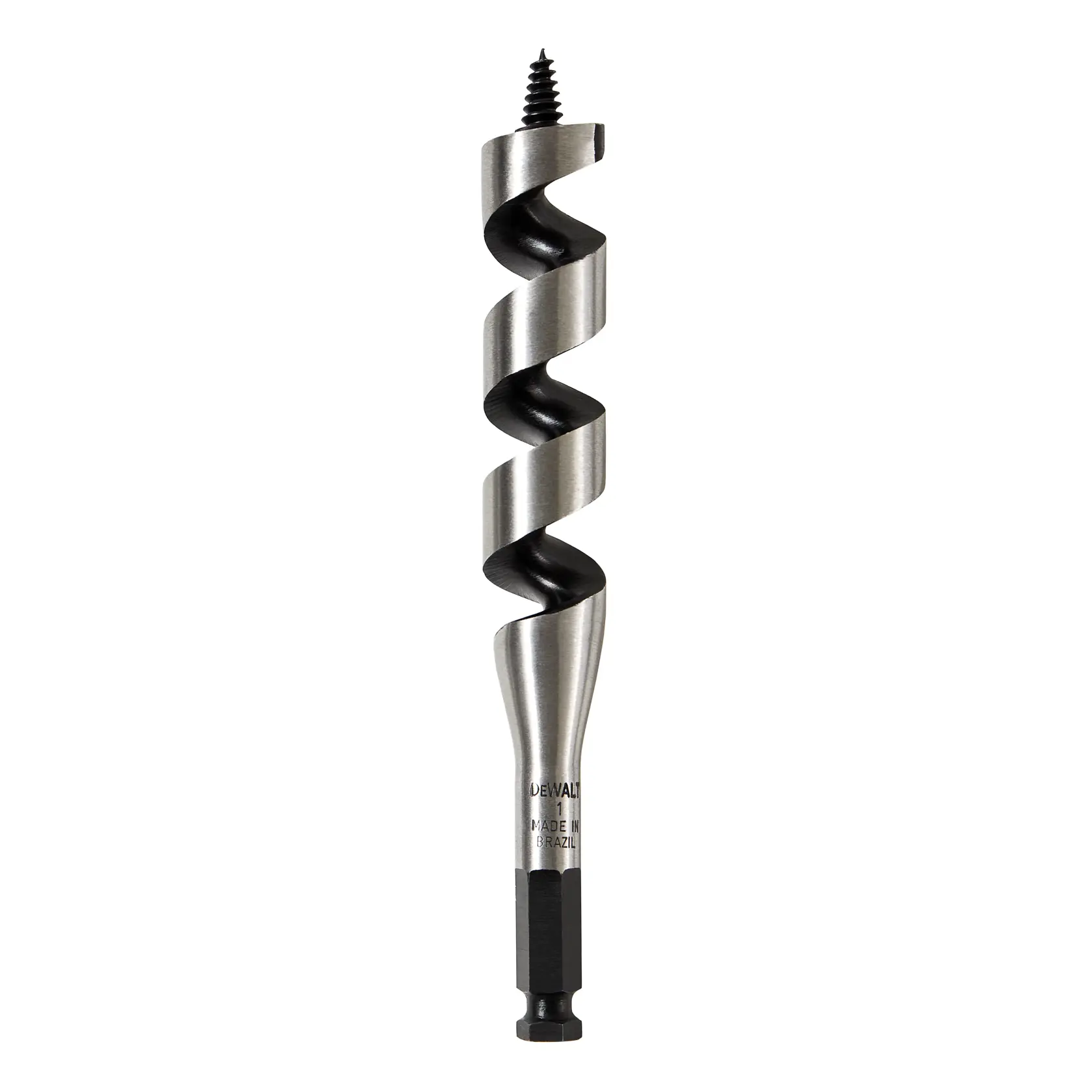 A DEWALT auger drill bit with a spiral design and a screw tip, shown against a white background.