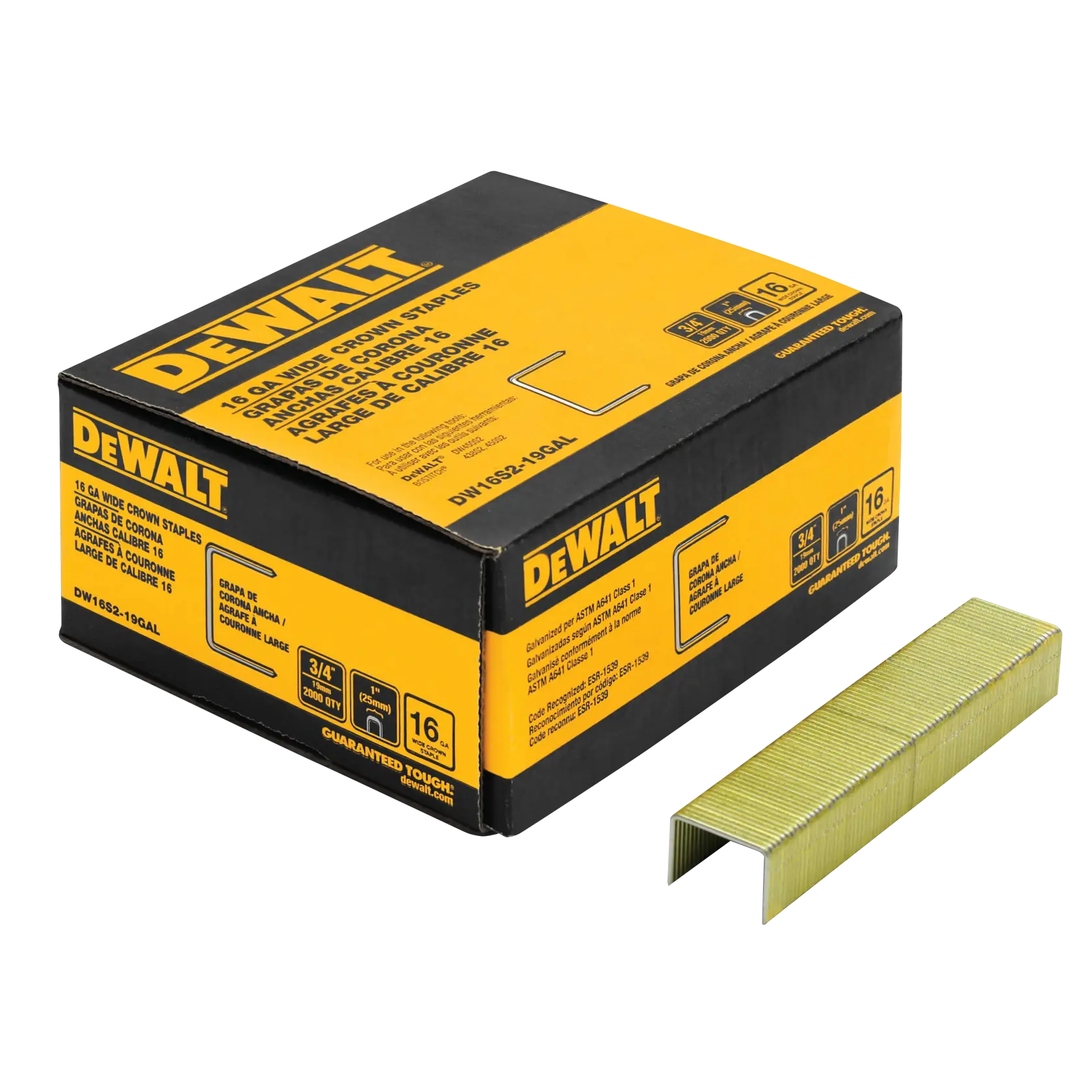 A box of DEWALT 16 gauge wide crown staples, model DW16S2-19GAL, with a strip of metal staples placed next to the box. The packaging is yellow and black, showing product details and branding.