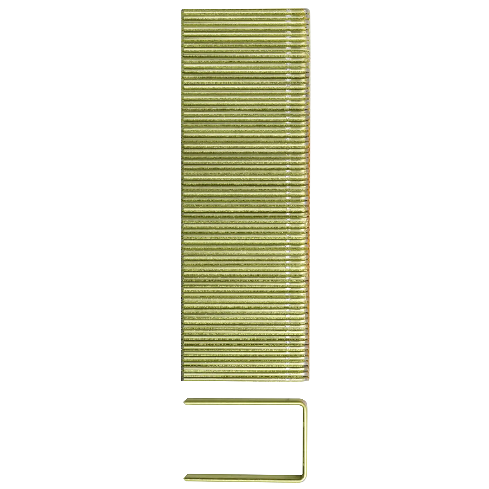 A stack of yellow industrial staples with one staple separated and placed below the stack, shown on a white background.