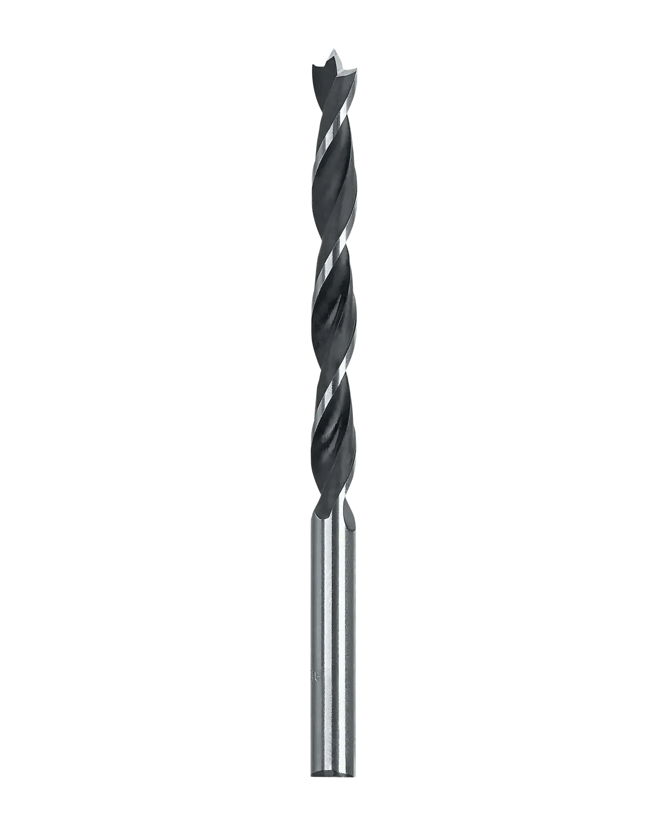A single black and silver wood drill bit with a twisted design and a pointed tip, photographed on a white background.
