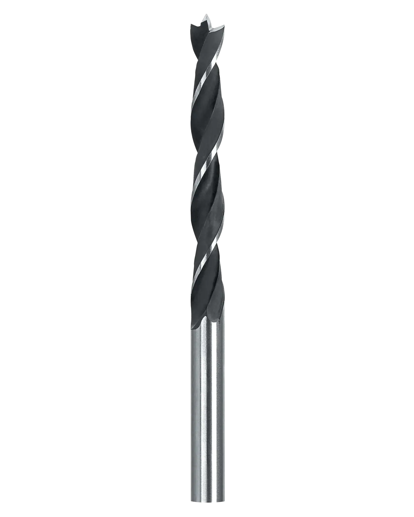 A close-up image of a DEWALT twist drill bit with a black fluted body and a silver shank, designed for drilling into wood or other materials.