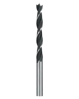A close-up image of a DEWALT twist drill bit with a black fluted body and a silver shank, designed for drilling into wood or other materials.