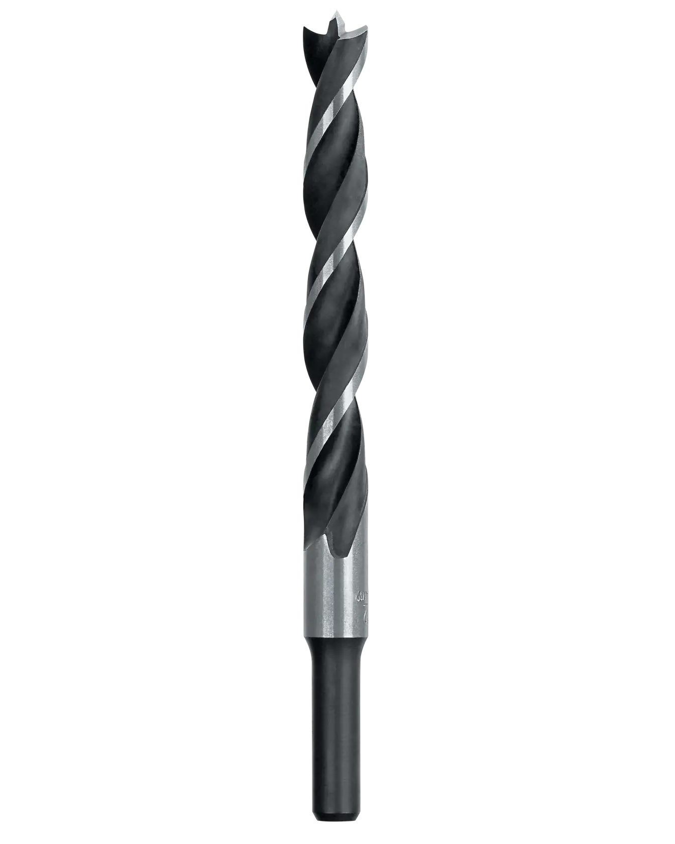 A single black and silver spiral drill bit on a white background.