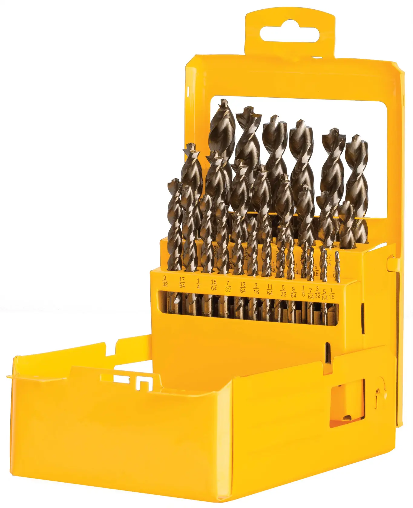 A yellow DEWALT branded case containing a set of metal drill bits organized by size.