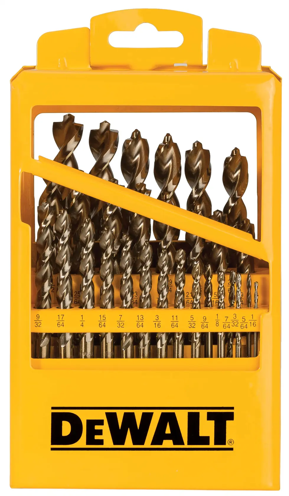 A yellow DEWALT-branded plastic case containing a set of metal drill bits arranged by size, with visible size markings under each bit.