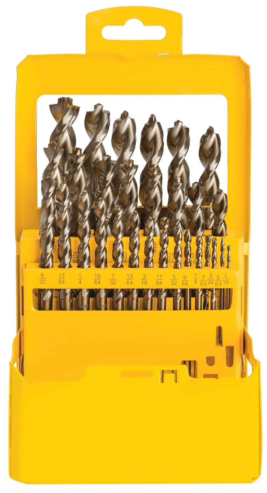 A yellow plastic case containing a set of DEWALT drill bits, arranged in rows with visible size markings. The case is open and the drill bits are organized from largest to smallest.