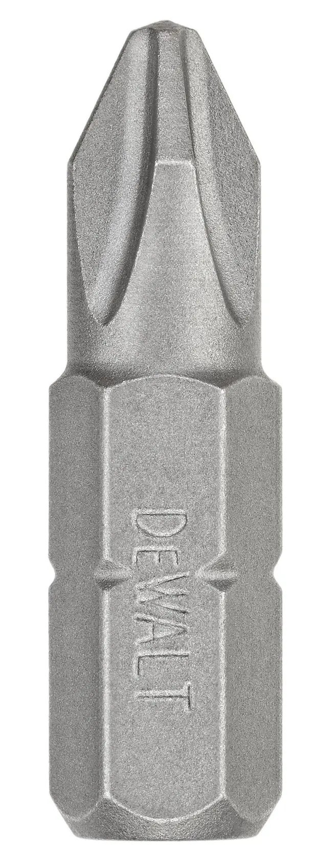 A close-up image of a DEWALT branded Phillips screwdriver bit, displaying its metallic finish and hexagonal base.