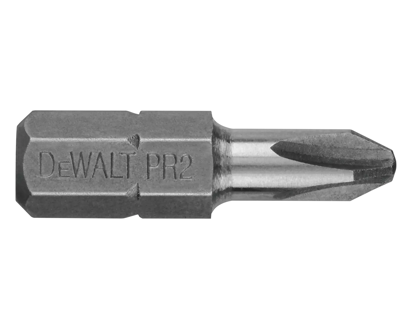 A close-up image of a DEWALT PR2 screwdriver bit. The bit is metallic, with DEWALT PR2 engraved on its hexagonal base, and has a Phillips head tip.