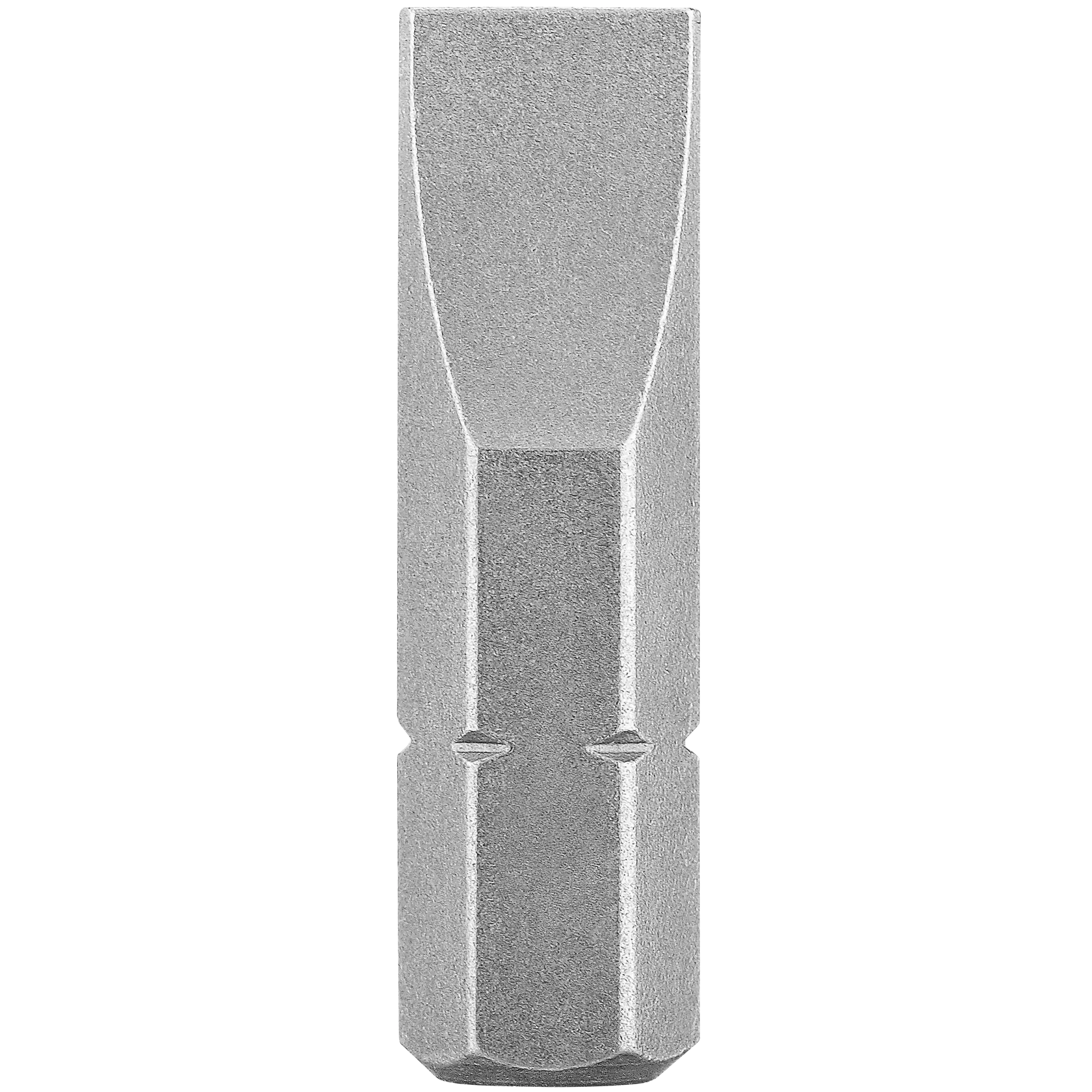 A close-up view of a DEWALT flathead screwdriver bit, metallic and hexagonal in shape, designed for use with power tools.