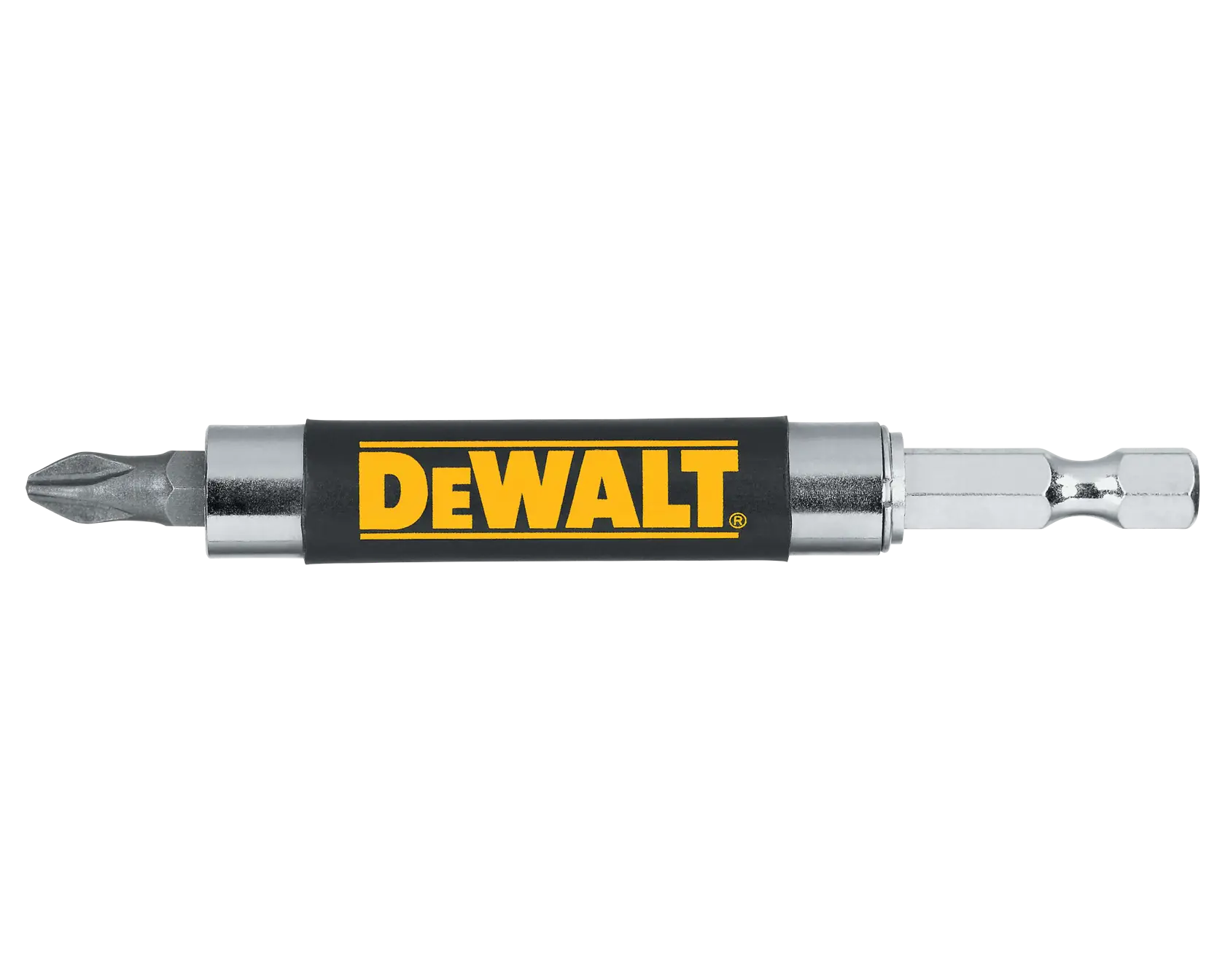 A DEWALT branded screwdriver bit holder with a Phillips screwdriver bit attached, featuring a black and yellow DEWALT logo in the center.