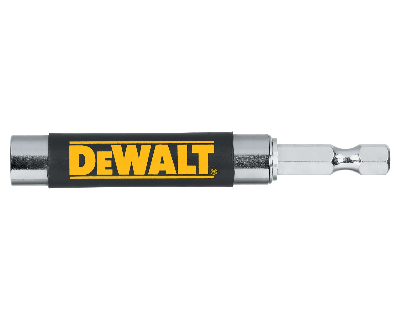 A DEWALT branded metal magnetic bit holder for drills, featuring a hex shank and a black sleeve with yellow DEWALT logo.