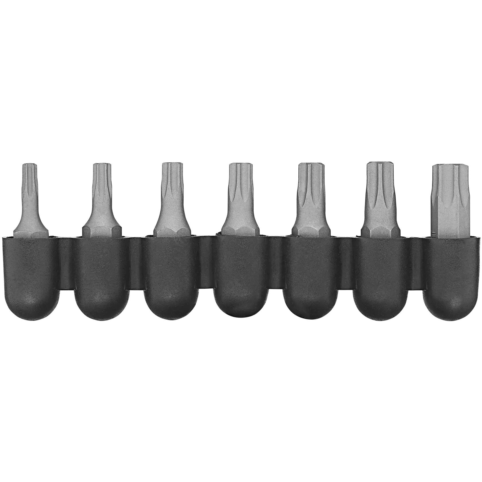 A set of six DEWALT screwdriver bits organized in a black plastic holder, each bit having a star-shaped Torx tip.