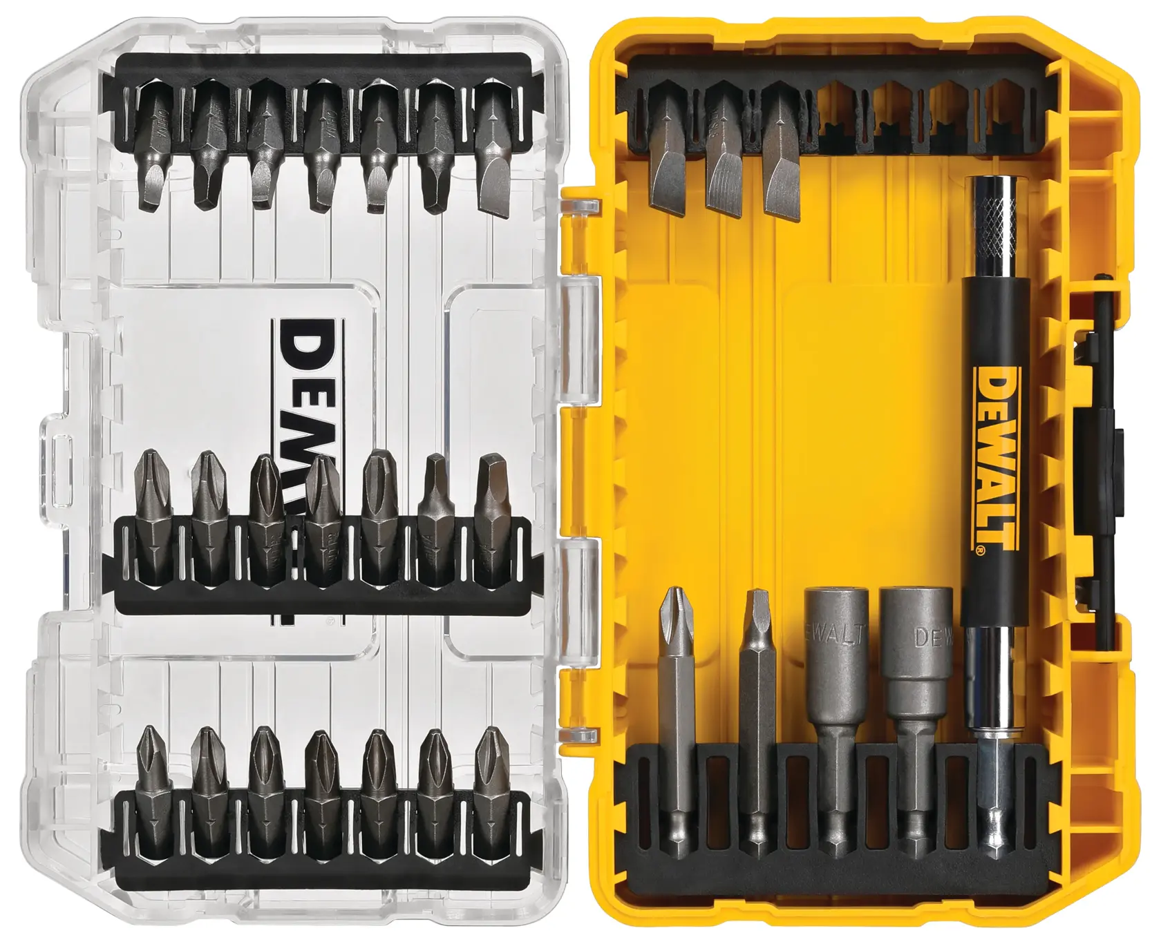 A DEWALT DW2162 screwdriver bit set in a yellow and clear plastic case, featuring multiple screwdriver bits and accessories organized neatly inside.