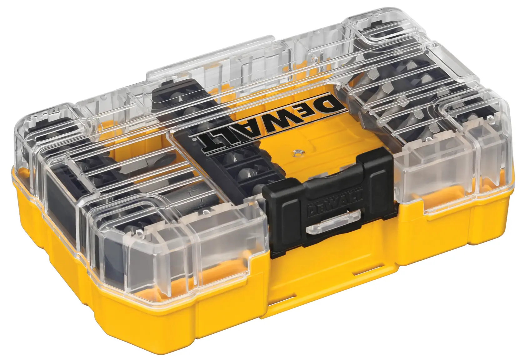 A yellow DEWALT plastic storage case with a transparent lid, containing various screwdriver bits organized inside.